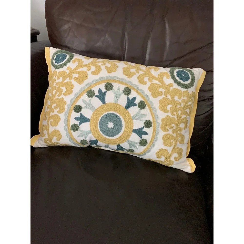 Boho Linen Cotton Embroidered Lumbar Pillow Mandala Medallion Retro Cream Gold